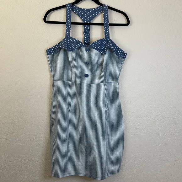 Anthropologie Doe&Rae Sz. L Halter Mini Dress Stripes side Zipper Linen/Cotton - Picture 13 of 15